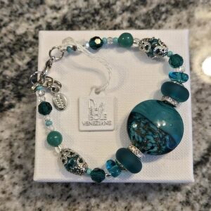 NEW Authentic ISOLE VENEZIANE Murano Glass Bracelet Dark Teal In Silver